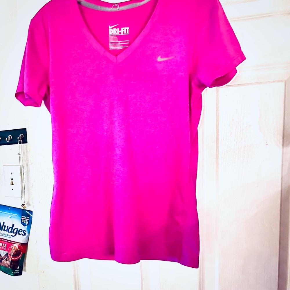 Nike Women's Bright Pink V-Neck Dri-FIT Short Sleeve Tee